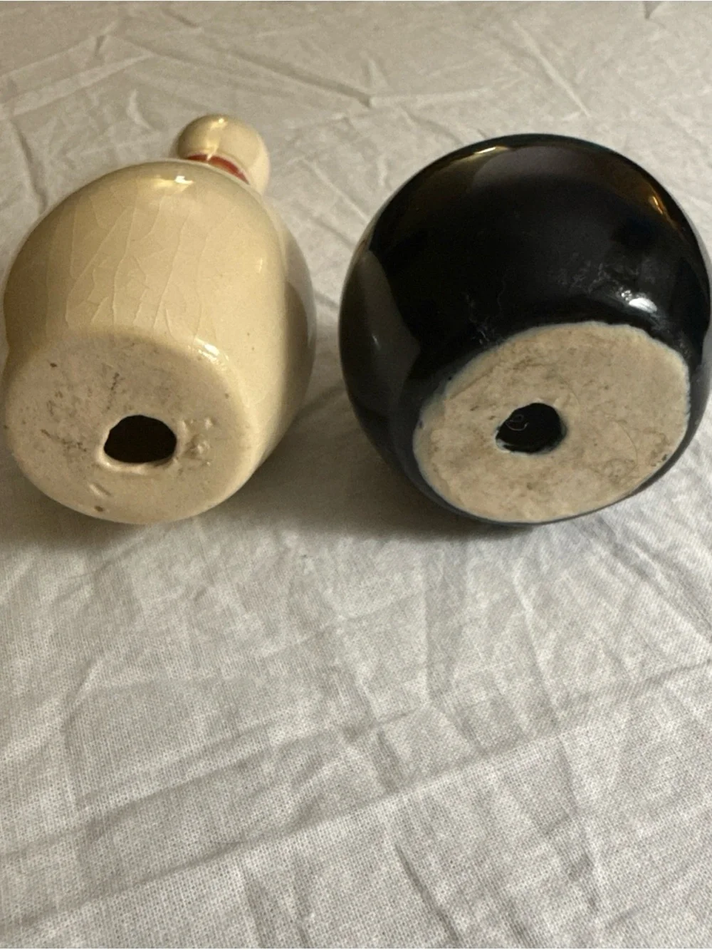 Vintage Ceramic Bowling Pin and Mini Black Bowling Ball Salt and Pepper Shakers